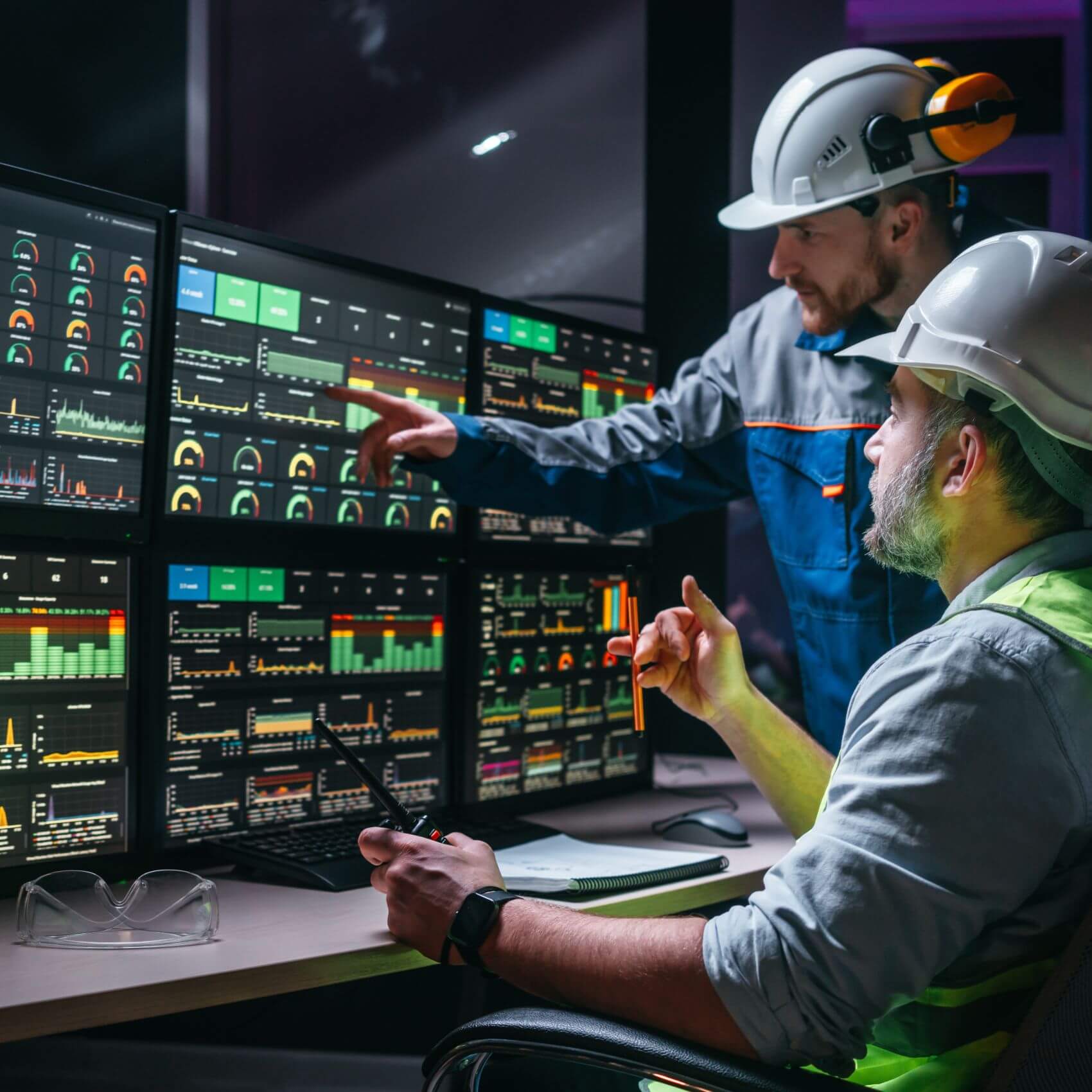 Two engineers analyze real-time dashboards in a control room